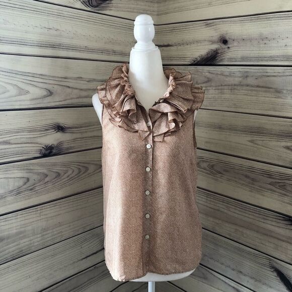 J. Crew Tops - J.Crew Tan & White Patterned Silk Ruffle Collar Button Down Sleeveless Top